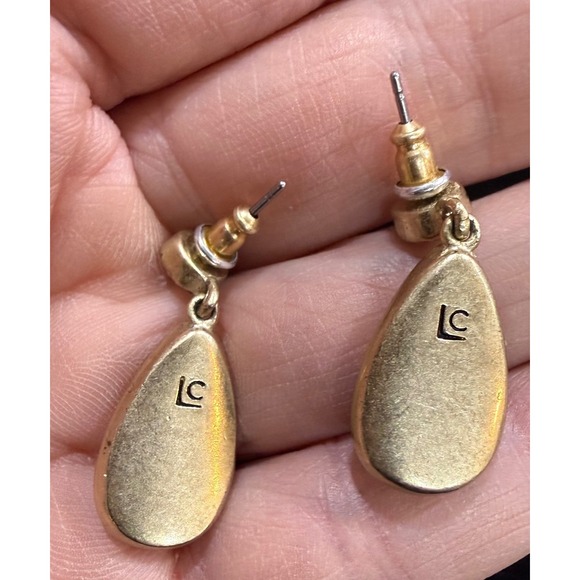 Lauren Conrad Gold Tone Wood Teardrop Drop Earrings Filigree Stud Boho LC - Picture 4 of 5